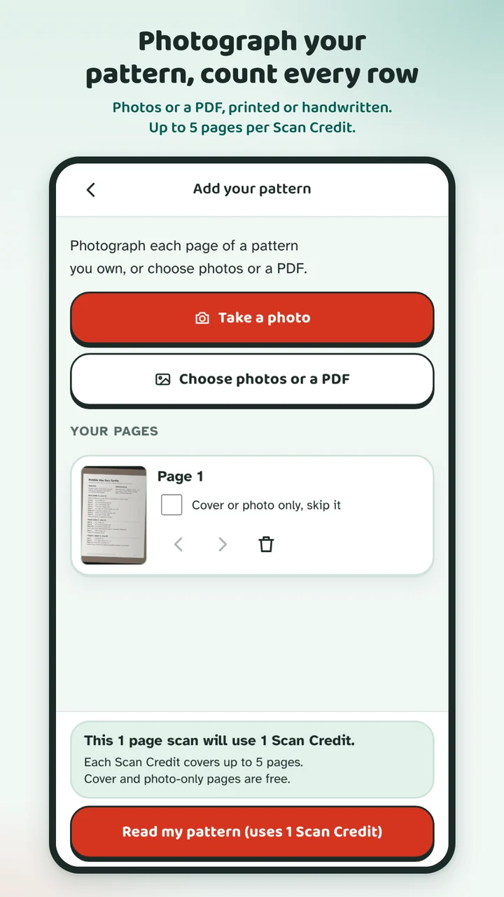 Add your pattern: a photo of a printed pattern page, ready to read, with the Scan Credit it will use