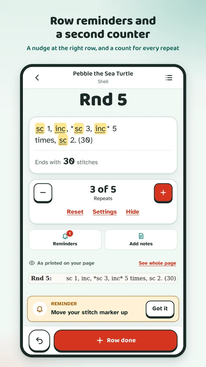 Row reminders and a second counter for every repeat