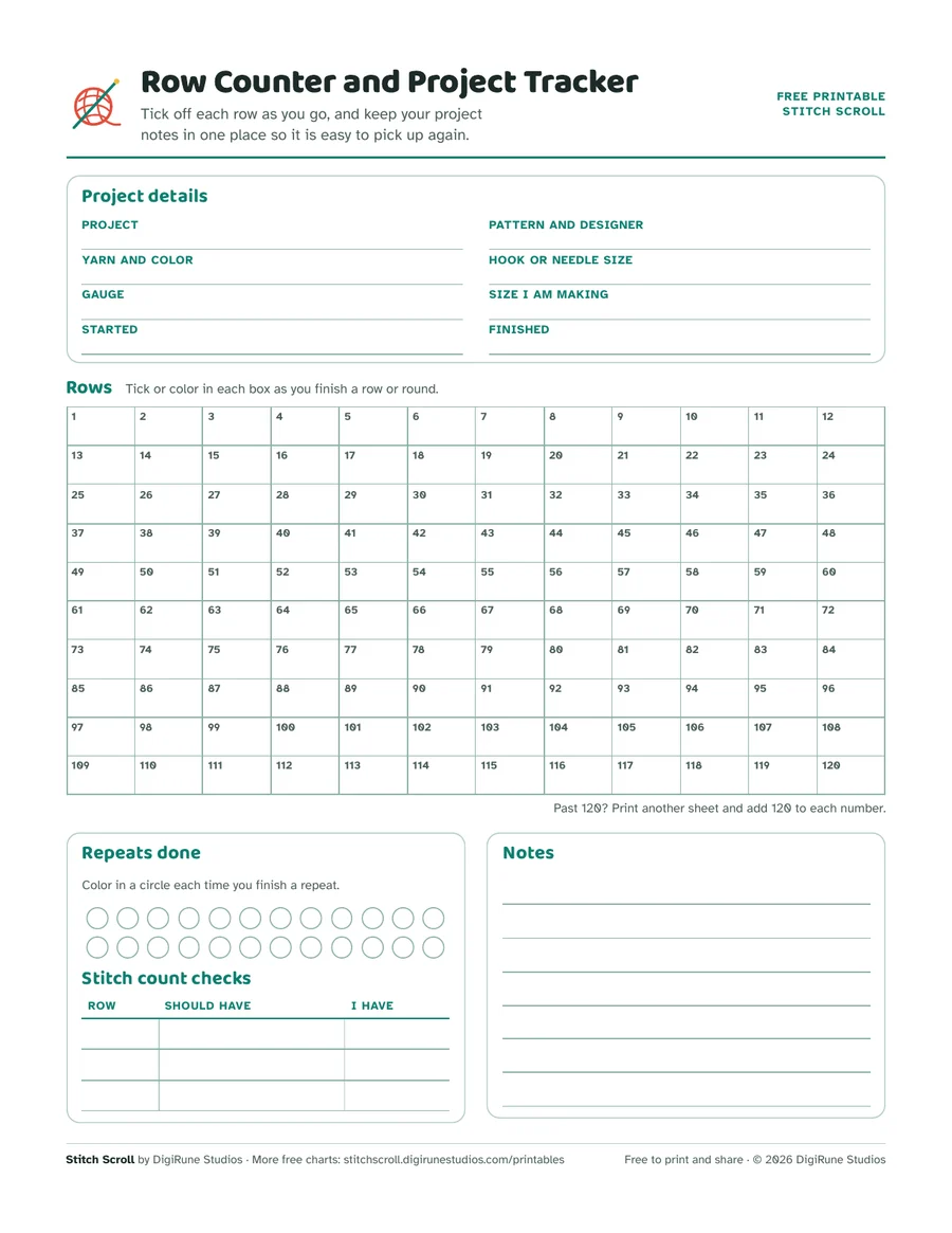 Preview of the free printable row counter: project details, 120 numbered row boxes, repeat circles, stitch count checks and notes